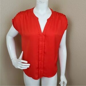 Ann Taylor LOFT V-neck Hidden Button Down Cap Sleeve Coral Blouse Large Petite